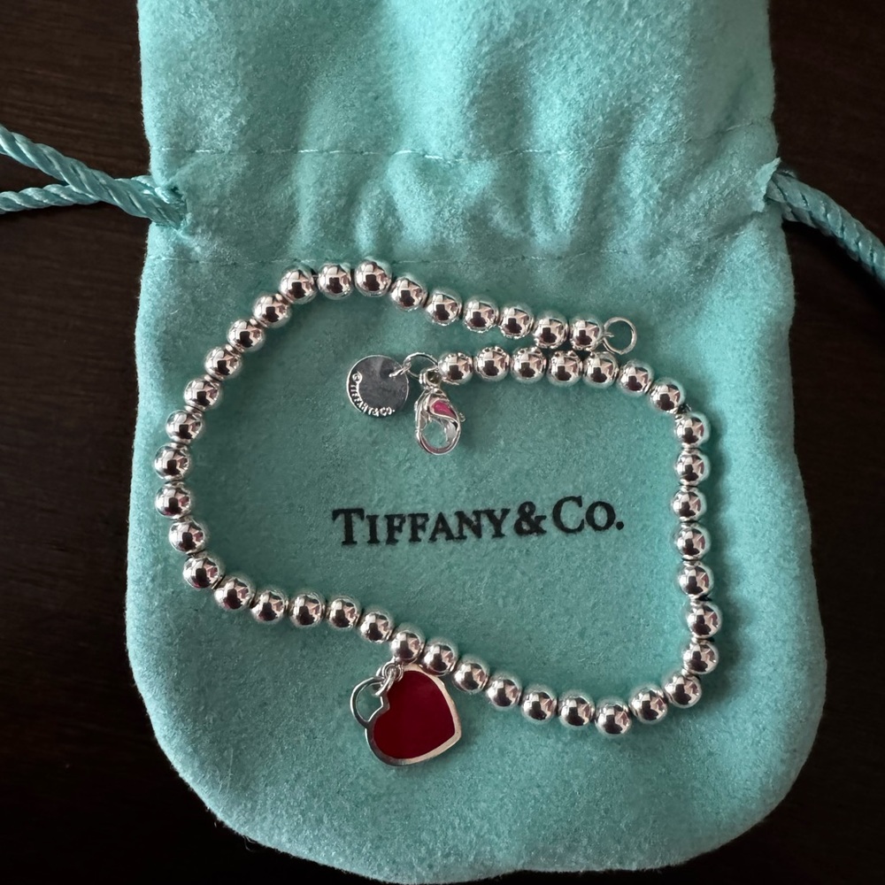 Tiffany & Co. Silver Bracelet with Red Heart Charm